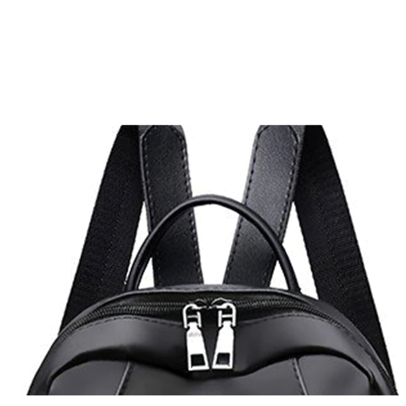Close-up of black PU leather backpack straps and top handle for stylish and comfortable travel.