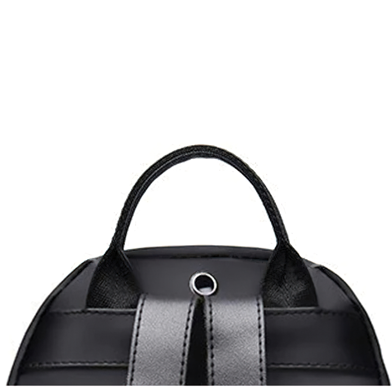 Close-up of a stylish women's black PU leather backpack handle, designed for travel and casual use.