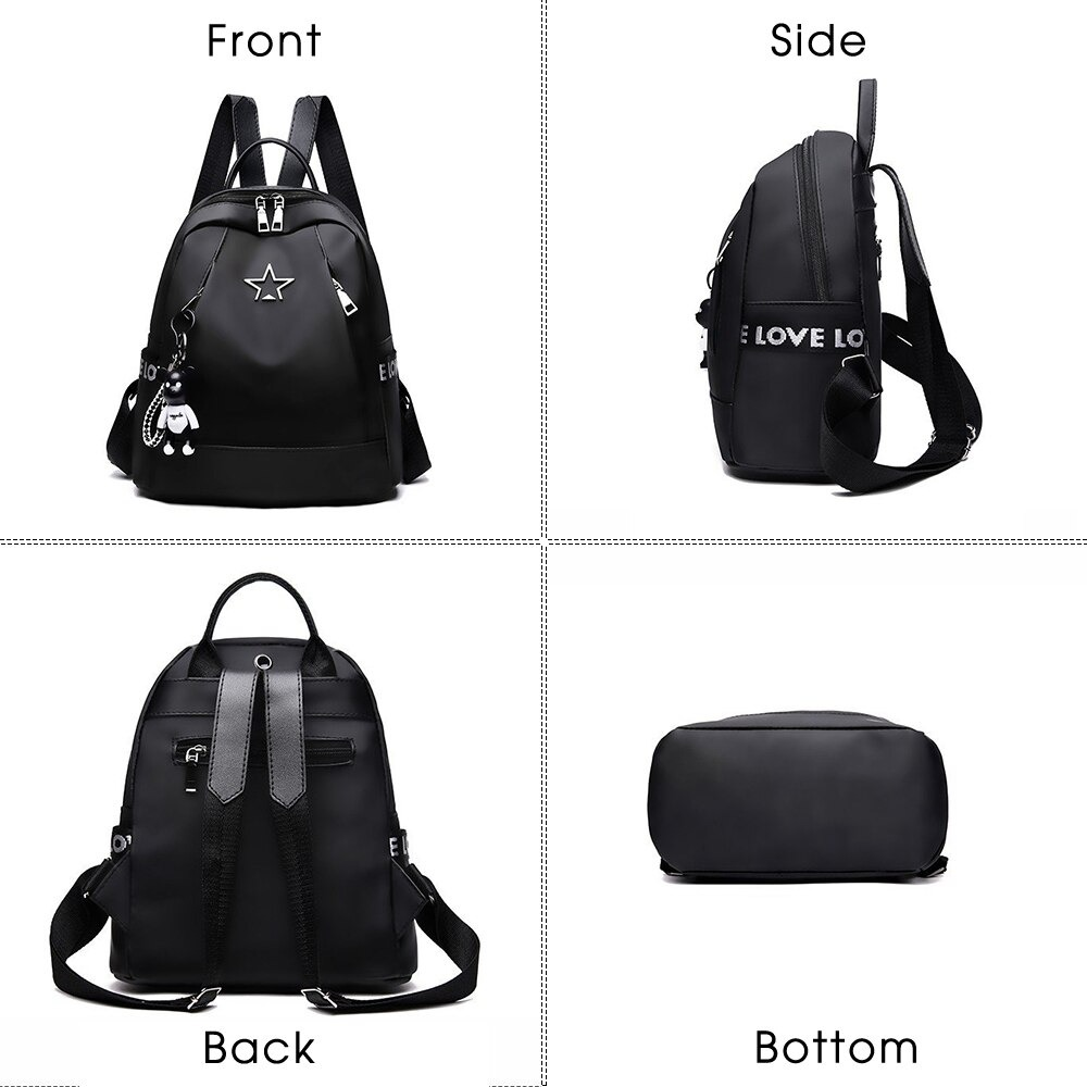 Black PU leather women's travel backpack shown from front, side, back, and bottom views, featuring ample storage.