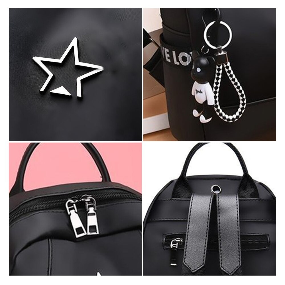 Close-up of women's black PU leather backpack, featuring star detail, keychain, zippers, and padded straps.