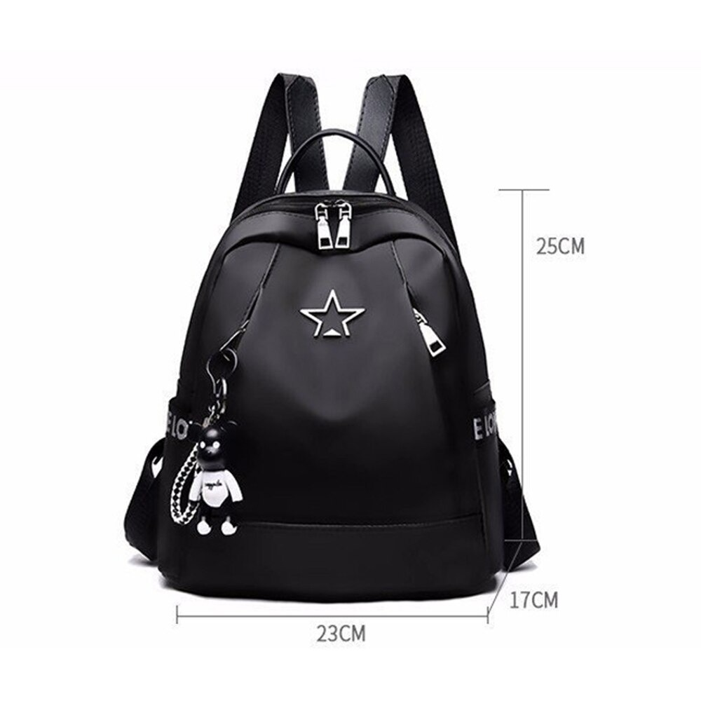 Stylish black PU leather backpack with star detail and keychain, perfect for travel and casual outings.