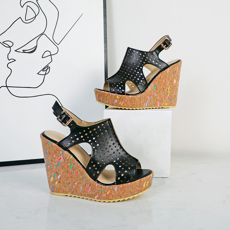 Fashion women's black wedge sandals with open sides and cork platform, perfect for summer outfits.
