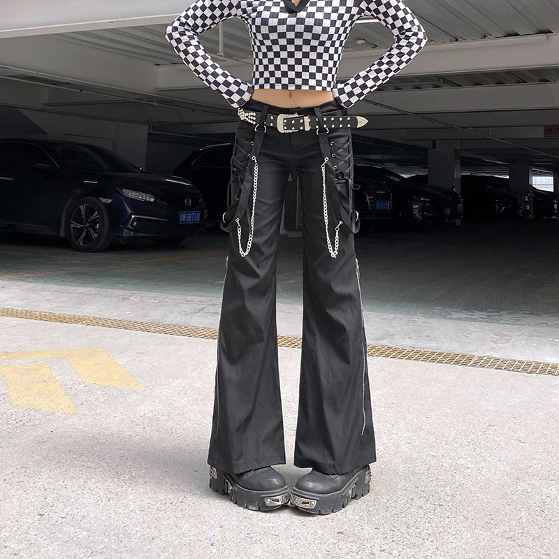 Trendy women's wide leg cargo pants in black with chains, perfect for punk style outfits.