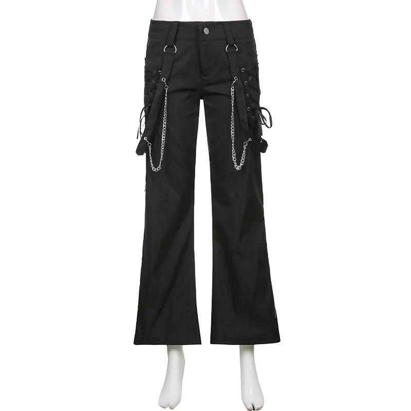 Trendy women's wide-leg black cargo pants with silver chains and punk style accents.