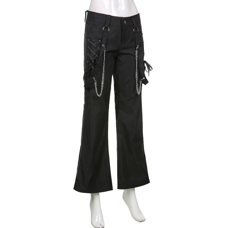 Fashion Women's Wide Leg Cargo Pants / Casual Black Ladies Zip Up Trousers in Punk style - HARD'N'HEAVY