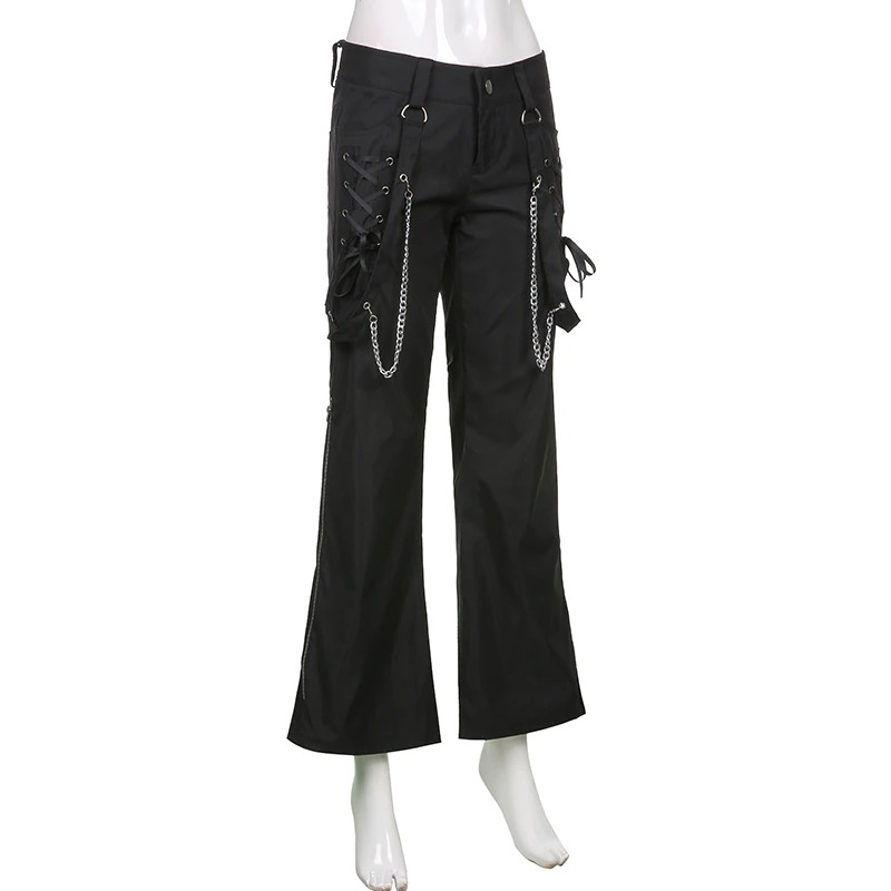 Trendy black wide-leg cargo pants for women, featuring punk style lace-up details and silver chains, perfect for edgy casual looks.