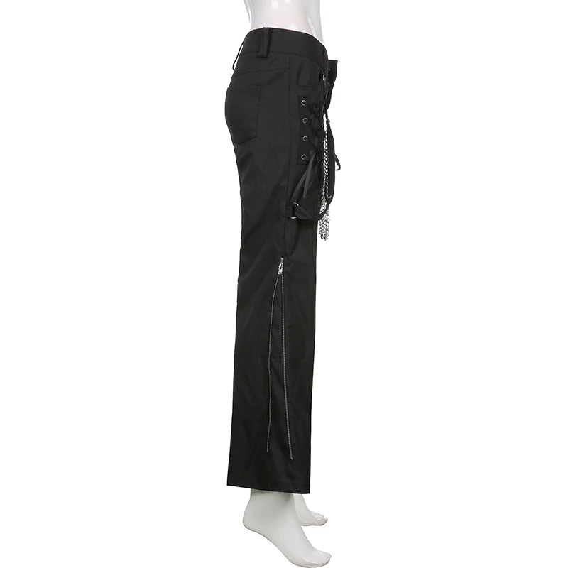 Stylish women's wide leg cargo pants in punk style with silver chains and side zipper, perfect for a trendy casual look.