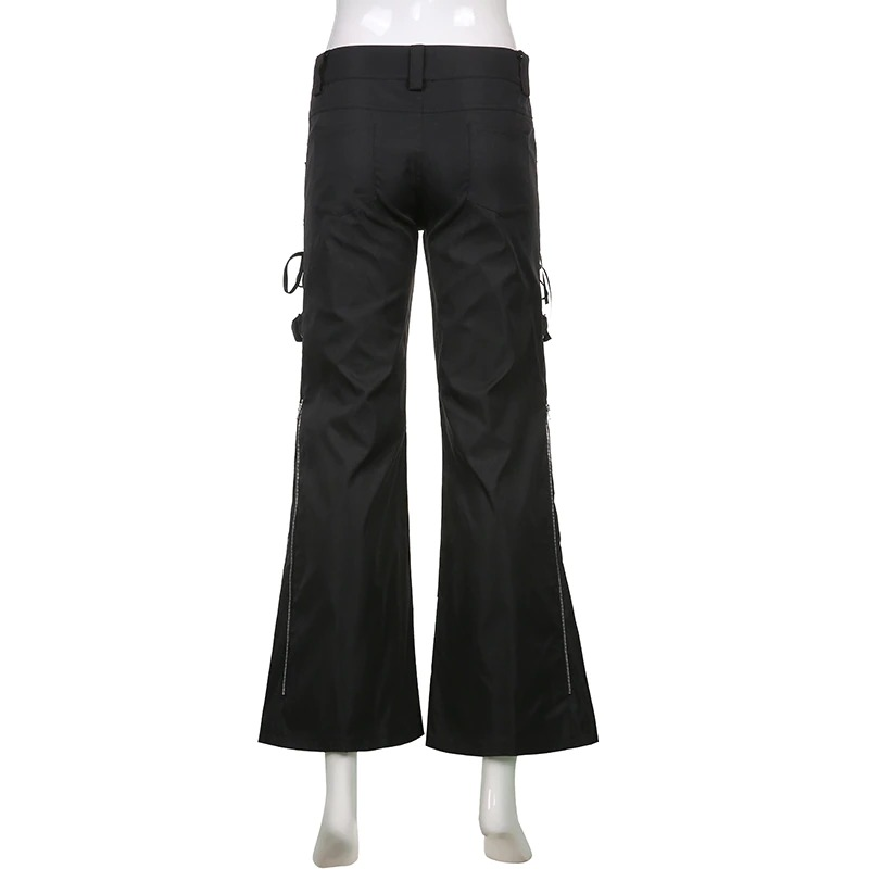 Back view of women's black wide leg cargo pants with silver chain details and trendy punk style.