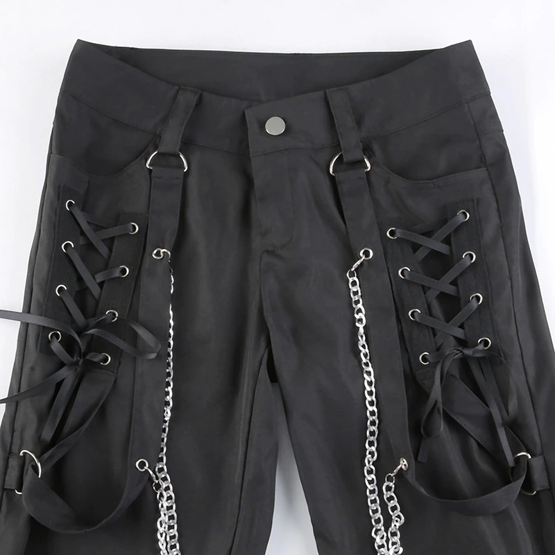 Stylish women's black wide-leg cargo pants with silver chains and punk-inspired lacing details.