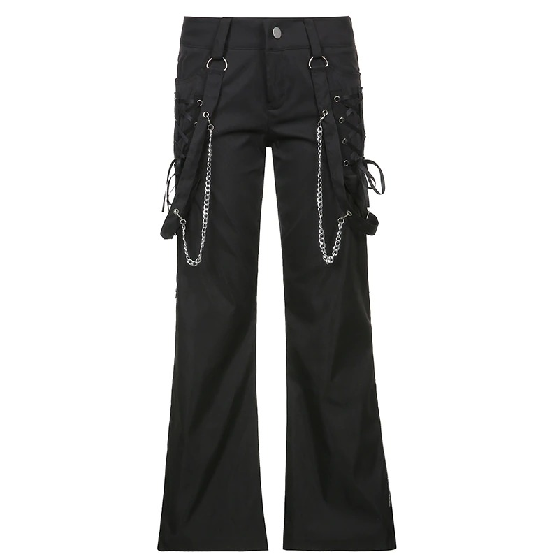 Trendy black wide-leg cargo pants with silver chain details in punk style for women.