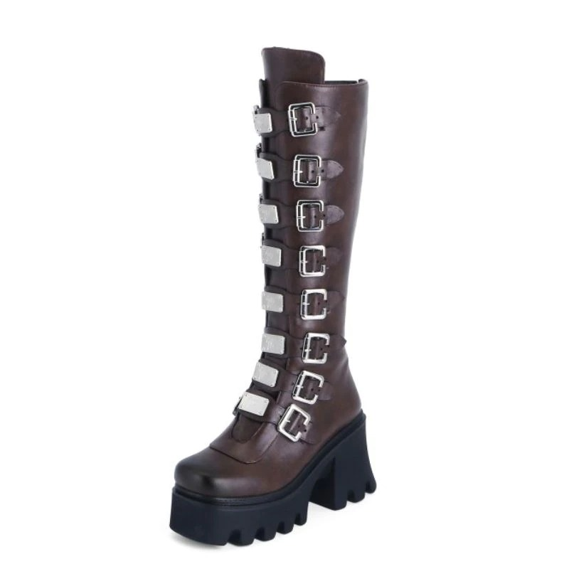 Stylish brown high boots for women featuring multiple buckles and thick platform sole, perfect for a fashionable look.