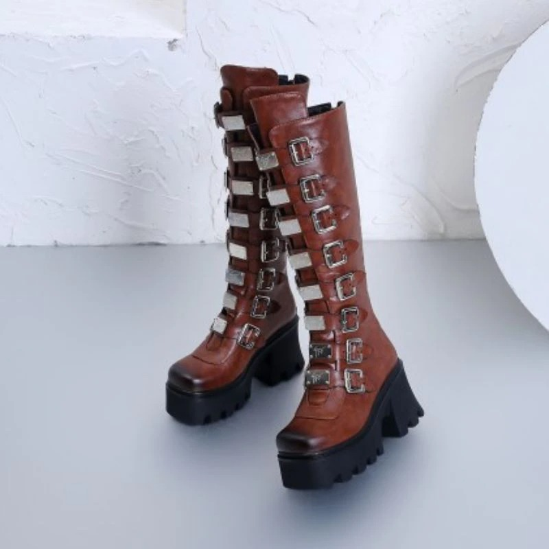 Trendy women's brown PU leather high boots with buckles and thick platform for a chic casual look.