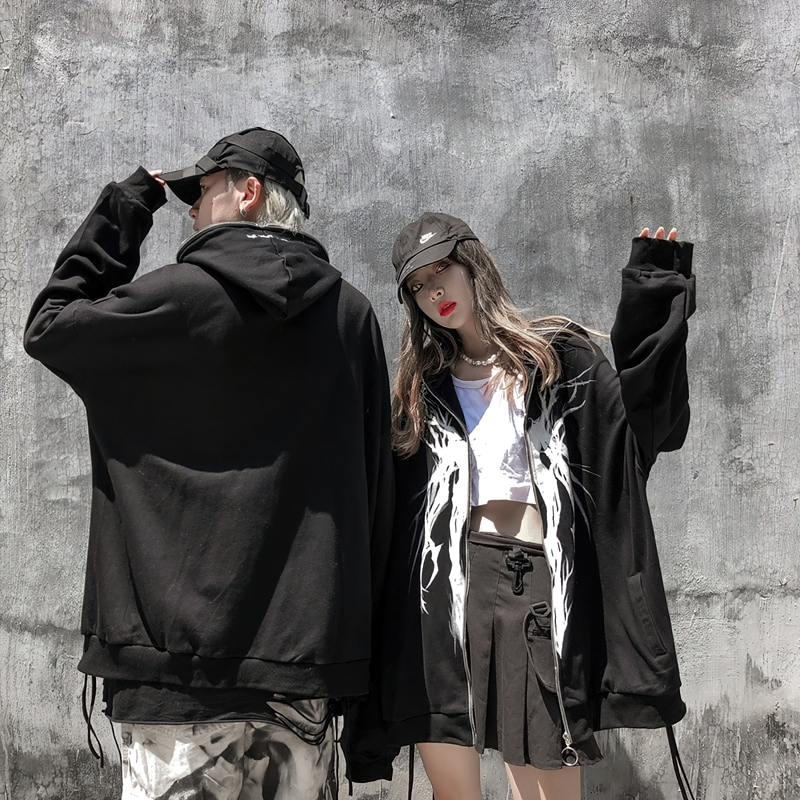 Fashion Women's Zipper Hoodie with Punk Graphic Print / Casual Oversize Black Sweatshirts - HARD'N'HEAVY