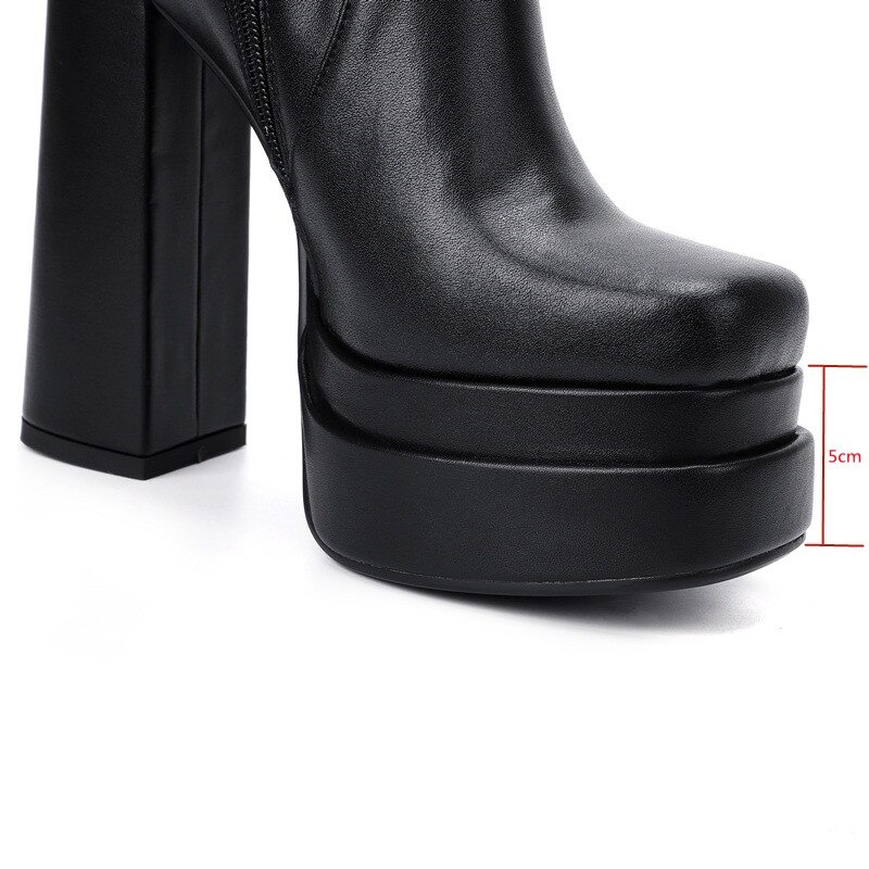 Fashion Women's Zipper Long Genuine Leather Ankle Boots / Sexy High Heels Chunky Platform Boots - HARD'N'HEAVY