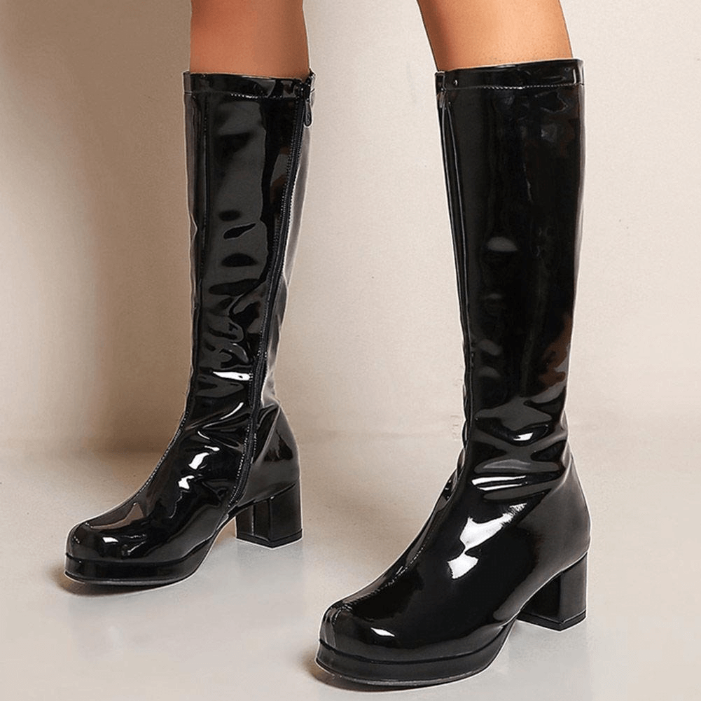 Chic women's black chunky square heel boots, perfect for stylish outfits and casual wear.