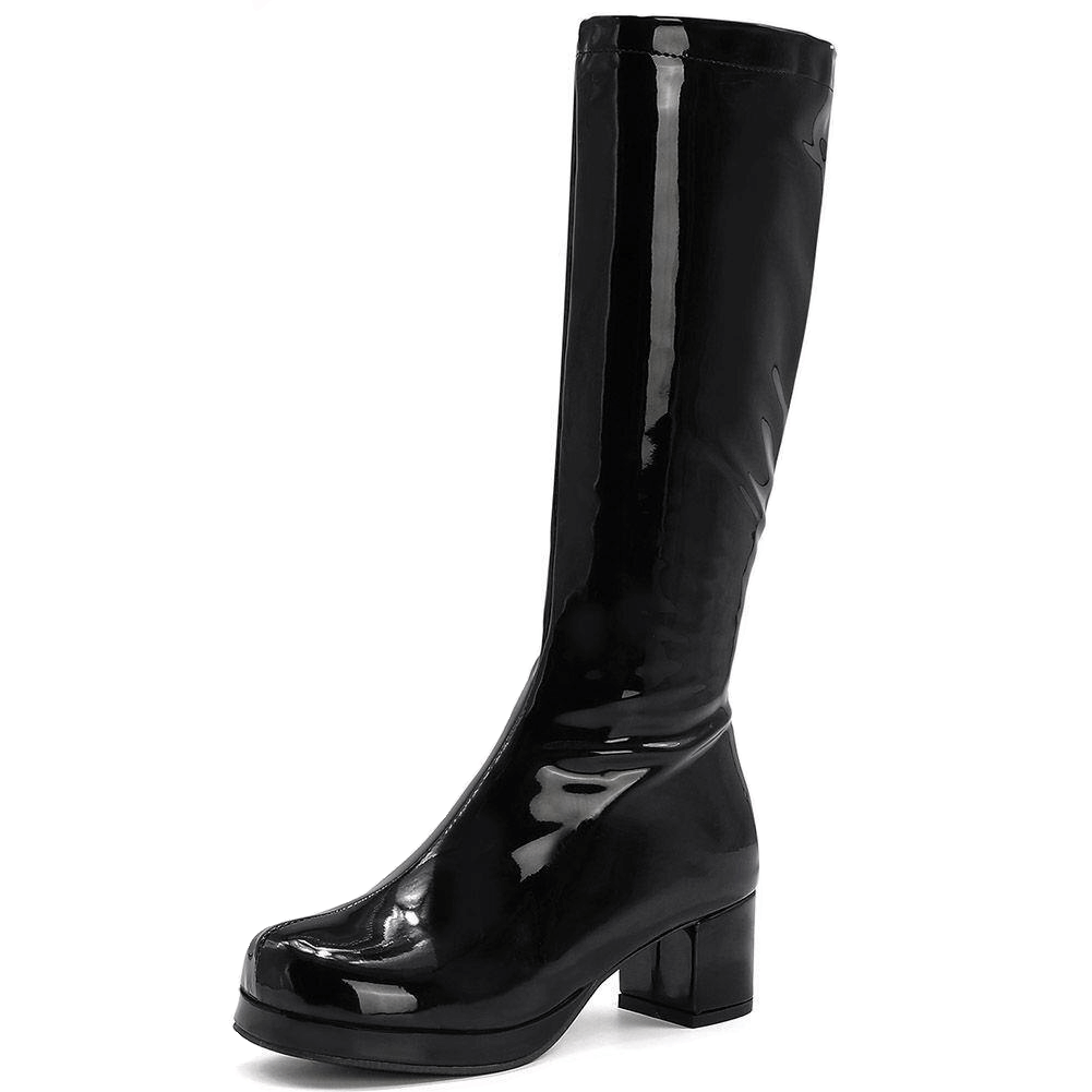 Stylish black mid-calf boots with chunky square heels, perfect for trendy women's casual outfits.