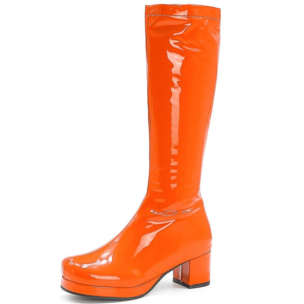 Bright orange chunky square heels mid-calf boots for women, perfect for trendy and casual outfits.