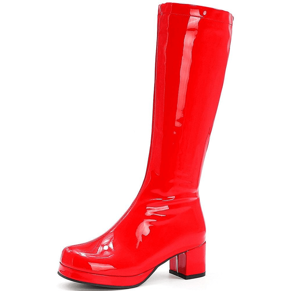 Trendy red mid-calf fashion boots with chunky square heels for a bold statement.