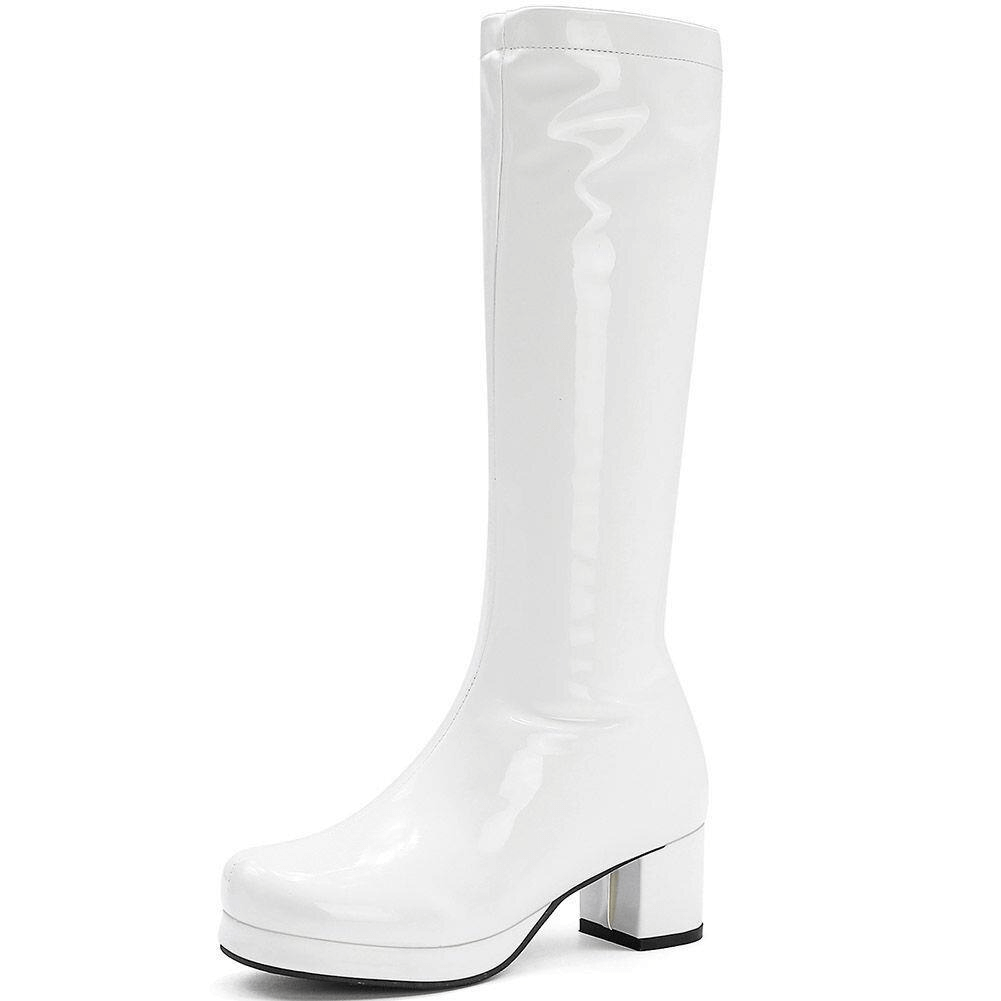 Stylish white mid-calf chunky square heels boots for women, perfect for fashion-forward outfits.