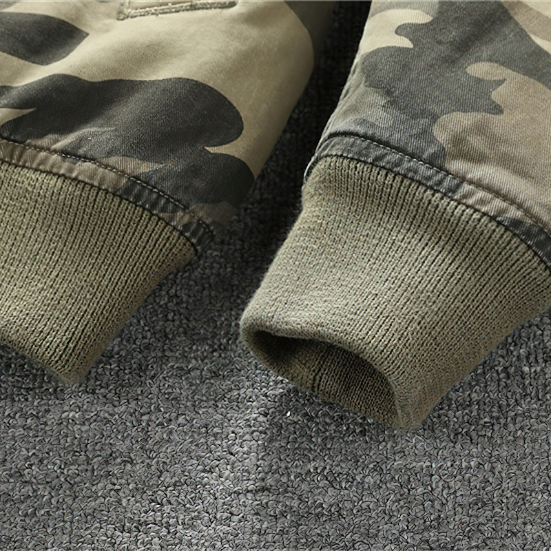 Close-up of camouflage jacket cuffs showing stylish military design and fabric texture, perfect for casual wear.