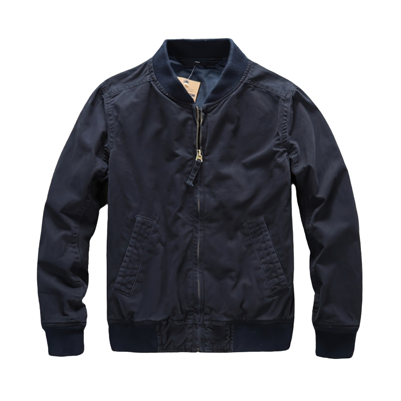 Stylish navy zip-up bomber jacket for men with side pockets and ribbed cuffs.