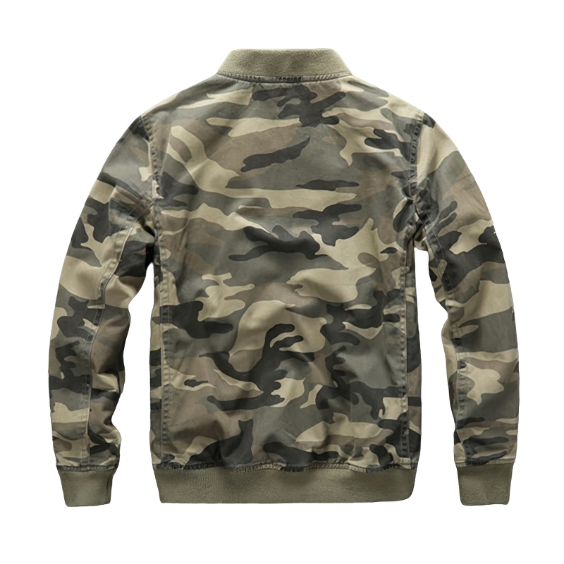 Stylish men's camouflage denim jacket with military design, perfect for casual wear and fashion-forward looks.