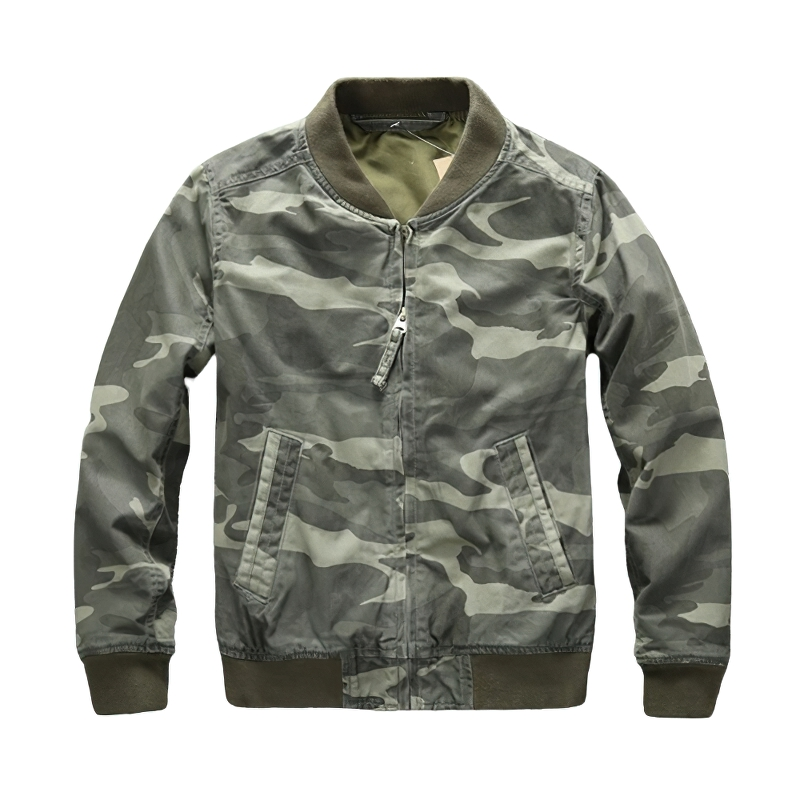 Stylish men's camouflage zip-up denim jacket, perfect for casual outings and trendy military-inspired fashion.