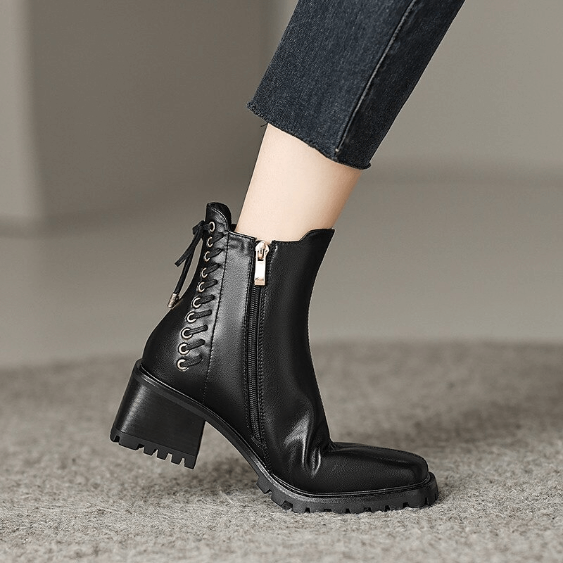 Fashion Zipper Ankle Boots with Decorated Lacing / Retro Square Toe Thick Heels Leather Shoes