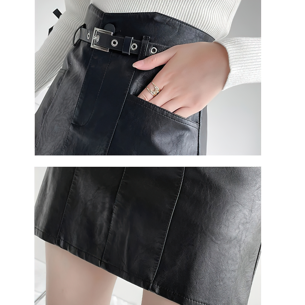 Fashion Zipper Black Skirt / Women Pu Leather Skirt with Belt in Gothic Style - HARD'N'HEAVY