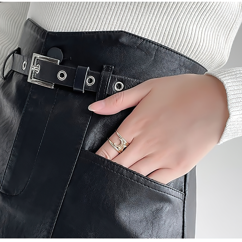 Fashion Zipper Black Skirt / Women Pu Leather Skirt with Belt in Gothic Style - HARD'N'HEAVY