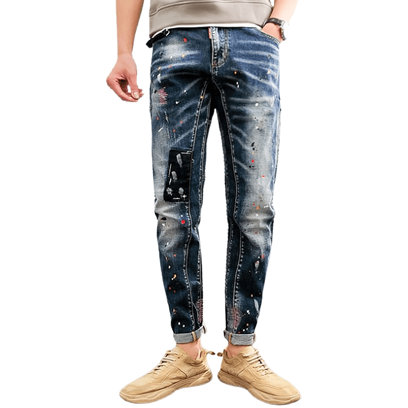 Fashion Zipper Fly Jeans for Men / Casual Male Patch Denim Pants / Rock Style Clothing