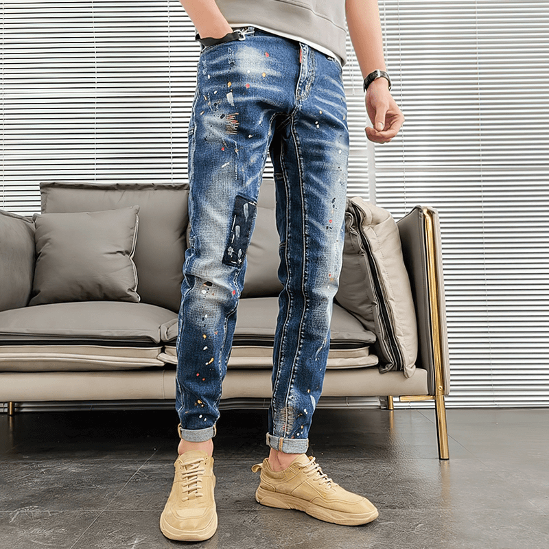 Fashion Zipper Fly Jeans for Men / Casual Male Patch Denim Pants / Rock Style Clothing