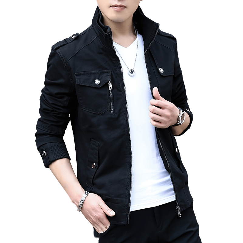 Stylish male model in a black military zipper jacket with pockets, perfect for casual wear.