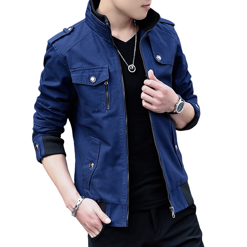 Stylish male model wearing a navy blue military jacket with pockets, perfect for casual outings.