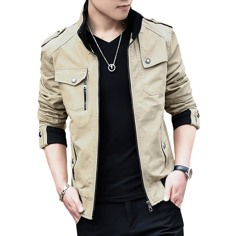 Stylish male model wearing a beige military-style zipper jacket with pockets, showcasing a modern cut and casual vibe.