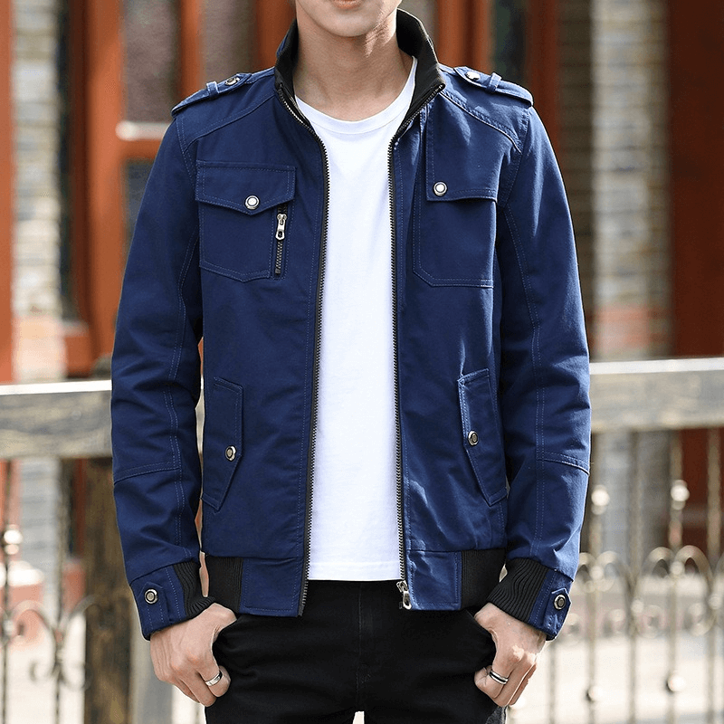 Fashion men's military jacket with pockets, stylish navy blue zipper design for casual wear.