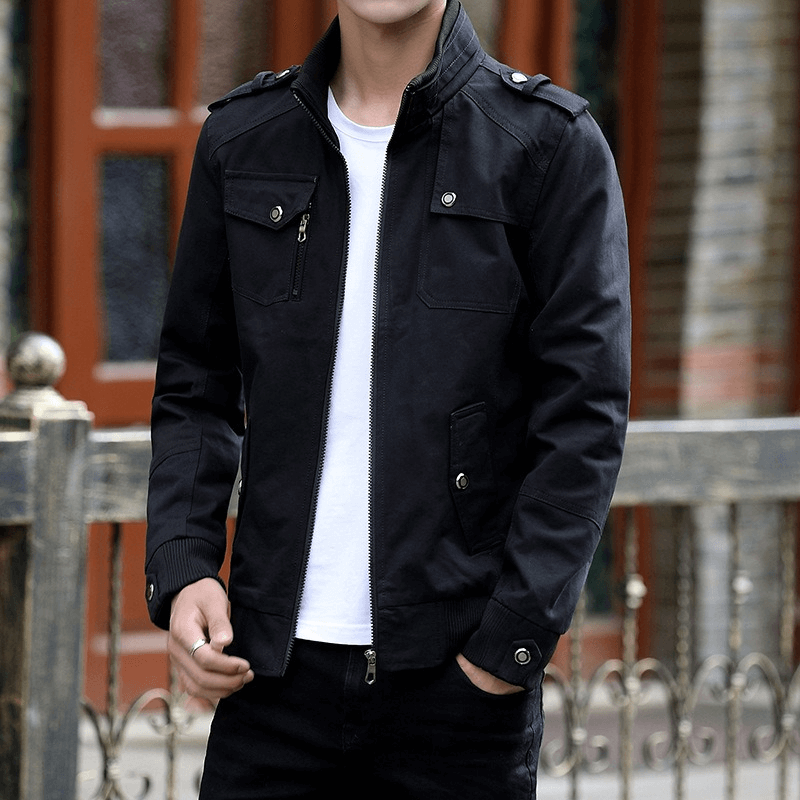 Stylish black military jacket for men with pockets, perfect for casual wear and modern outfits.