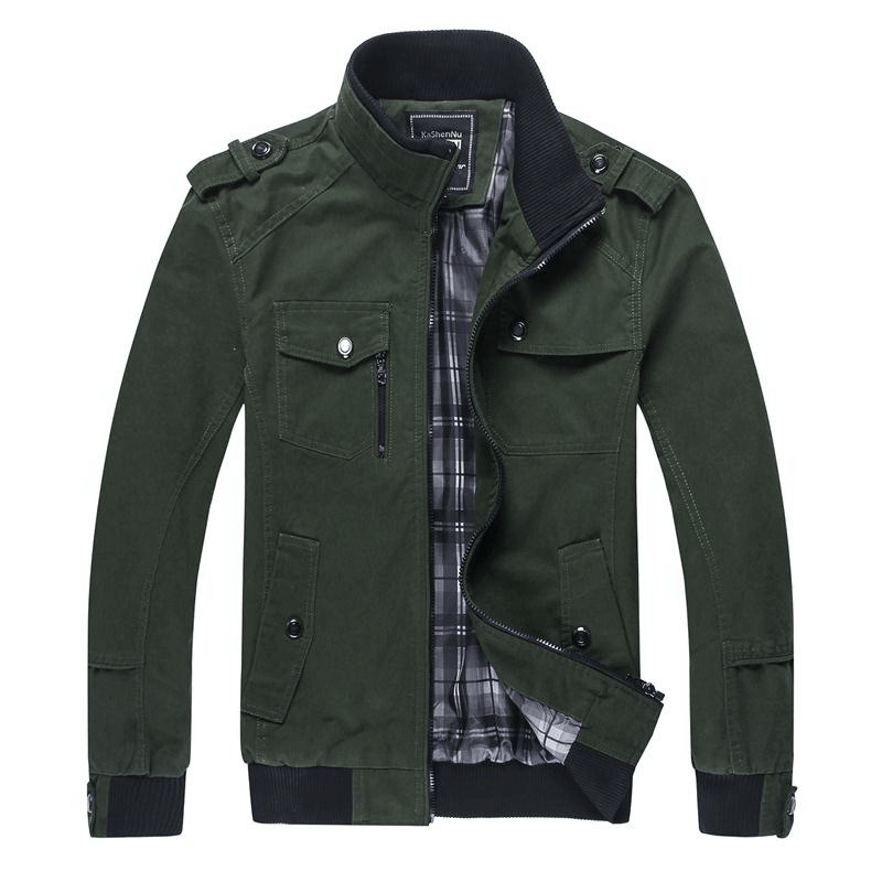 Stylish male military jacket in dark green with pockets and stand collar, perfect for casual wear.