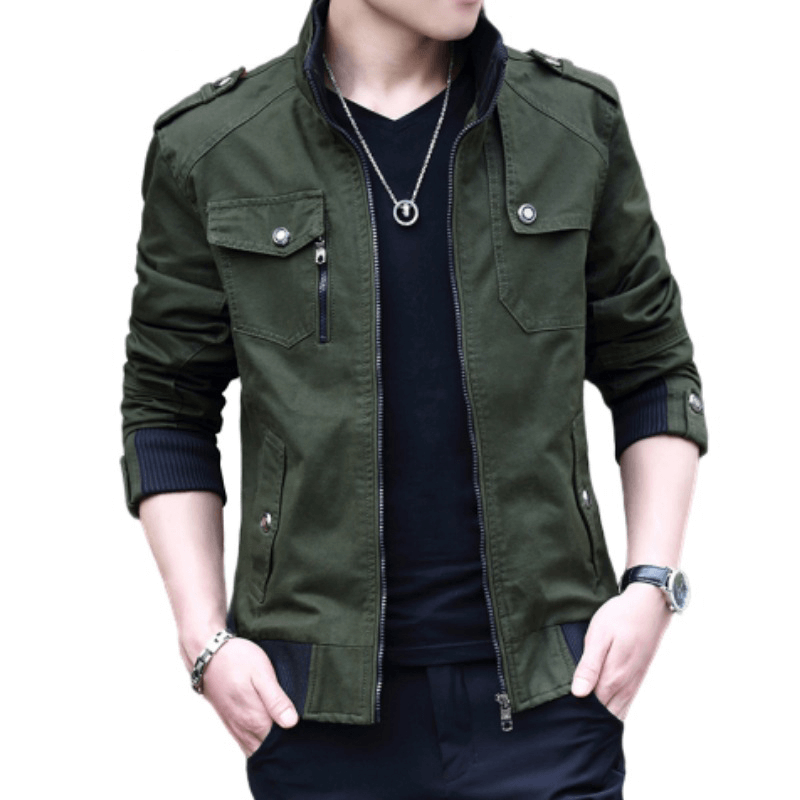Stylish male model wearing a green military jacket with pockets and a stand collar, perfect for casual occasions.