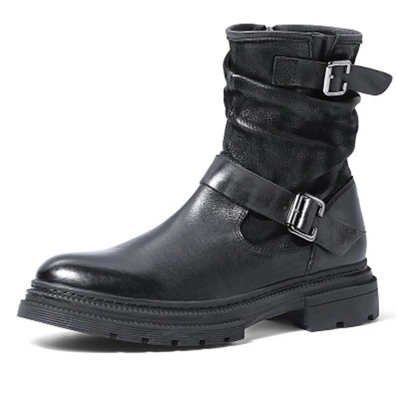 Men's black buckle mid-calf boots made of genuine leather with stylish belt detail, perfect for casual wear.