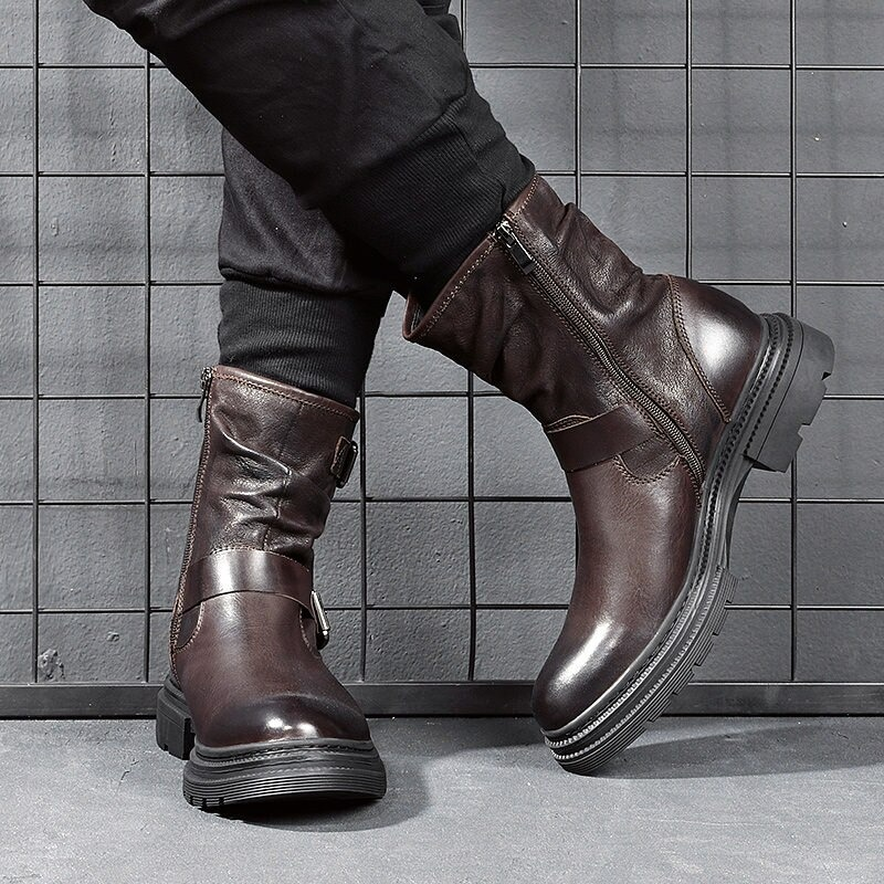 Fashion Men's mid-calf leather boots in brown with zip and buckle detail, perfect for casual wear.