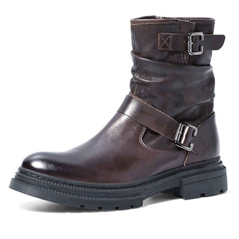 Stylish brown men's buckle mid-calf leather boots with zip, perfect for casual wear and motorcycle enthusiasts.