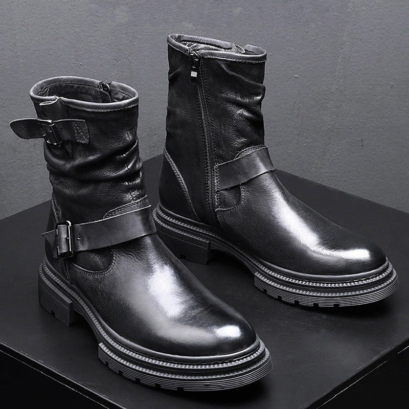 Men's Buckle Mid-calf Boots with Belt Genuine Leather Zip Boots
