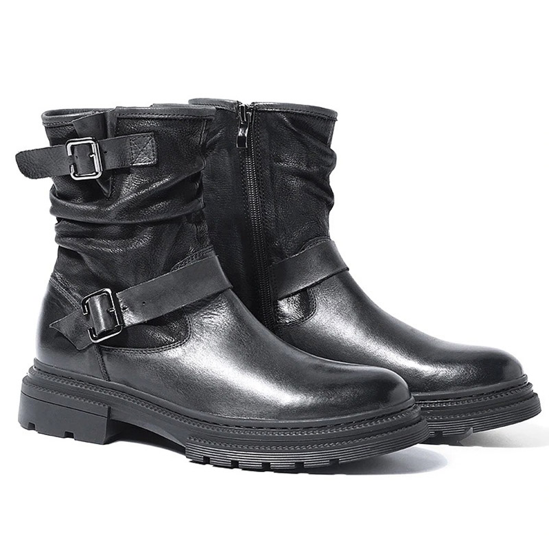 Fashion men's black leather buckle mid-calf boots with zip, perfect for casual outings and motorcycle rides.