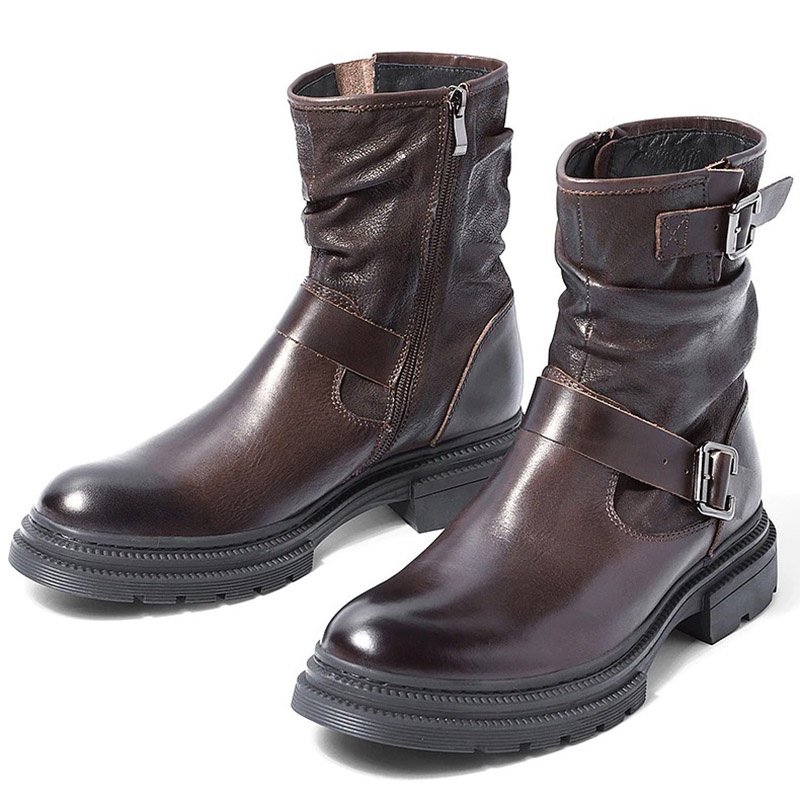 Men's mid-calf genuine leather zip boots in dark brown, featuring stylish buckle and belt accents for a casual look.