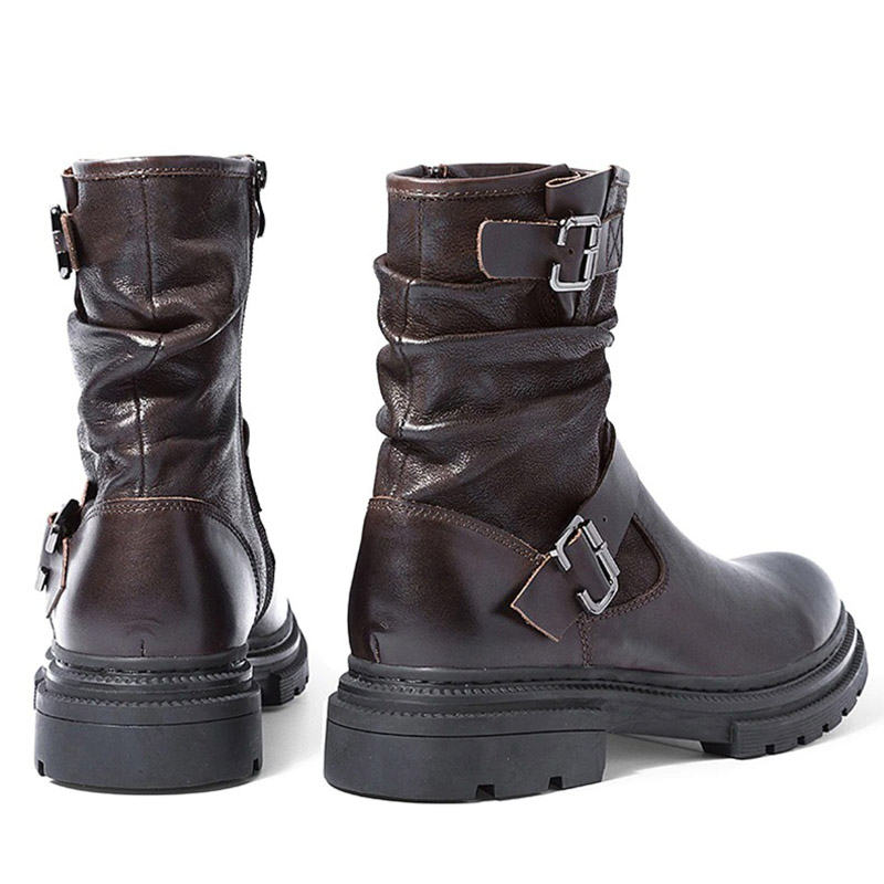 Fashion men's brown leather mid-calf boots with stylish buckle and zip, perfect for casual and motorcycle wear.