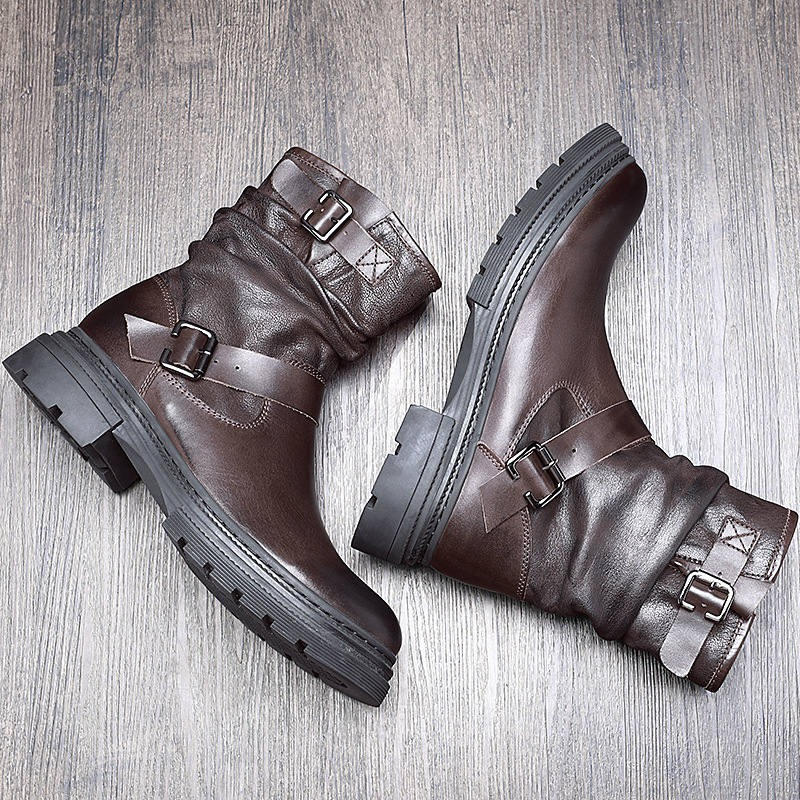 Men's mid-calf brown leather boots with stylish buckle detail, perfect for casual wear and motorcycle adventures.