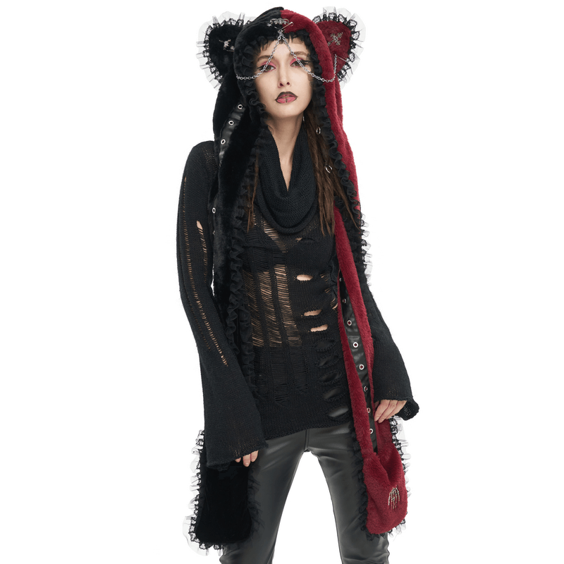 Faux Fur Animal Hat Ear Flaps with Hand Pockets / Gothic Style Warm Hat with Chain and Rivets