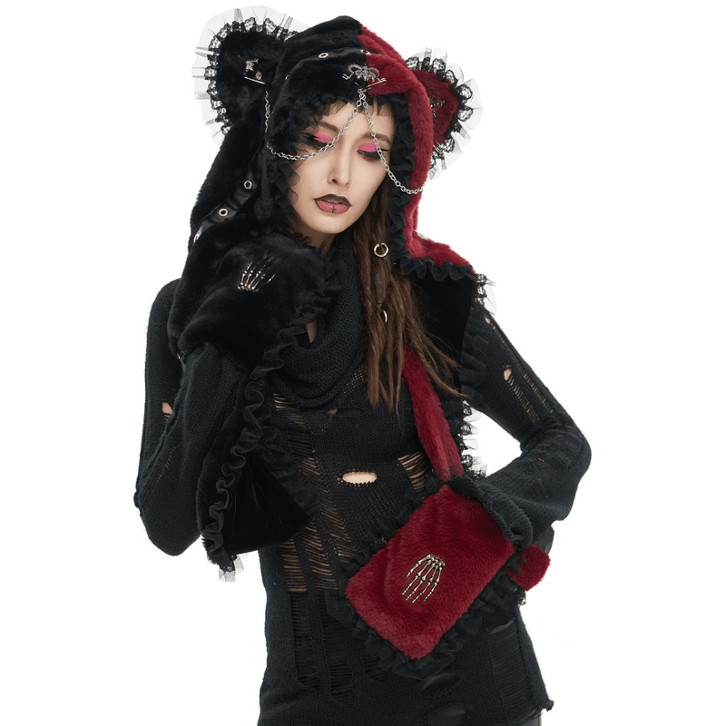 Faux Fur Animal Hat Ear Flaps with Hand Pockets / Gothic Style Warm Hat with Chain and Rivets
