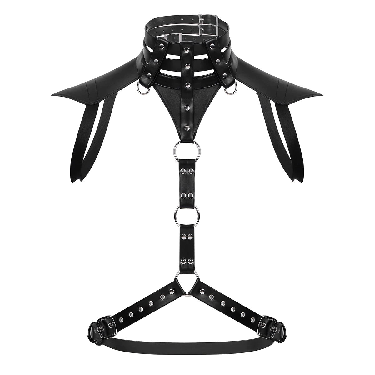 Faux leather body chest harness with adjustable straps, perfect for cosplay, bondage, and unique punk style fashion.